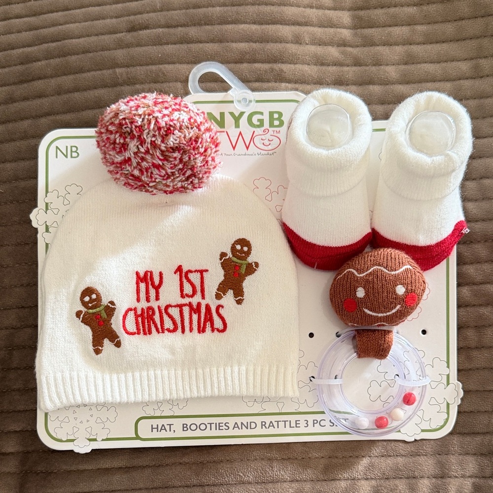 Toby My First Christmas Gingerbread Man Pom Pom Hat Booties and Rattle Set